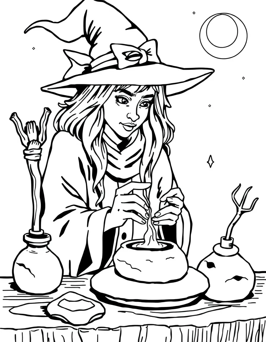 A witch studying the magic in different types of clay
