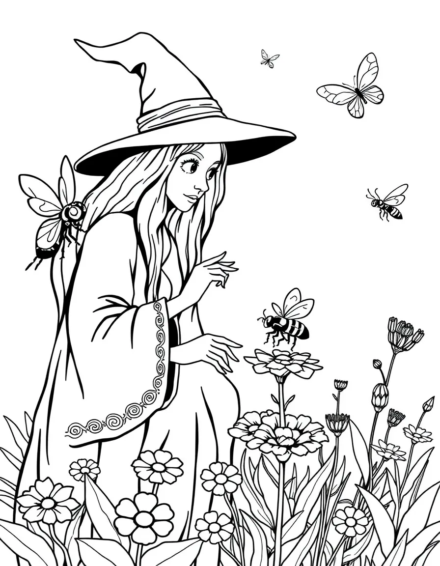 A witch teaching insects to pollinate specific plants