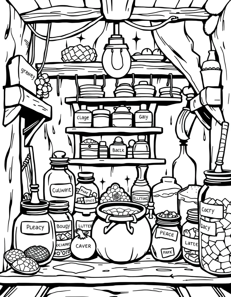 A witch's storage room with ingredients in labeled jars