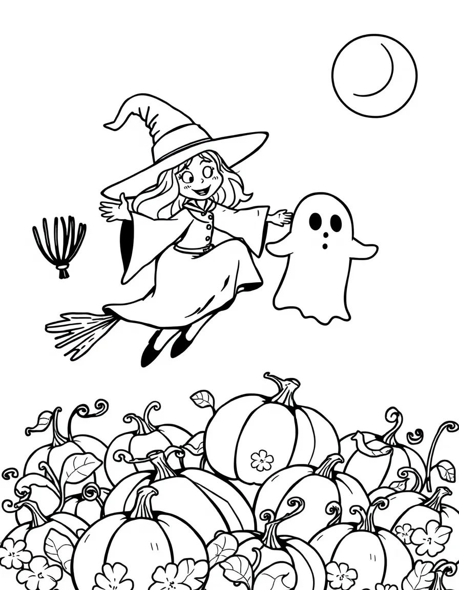 A witch and her ghost familiar flying over a pumpkin patch