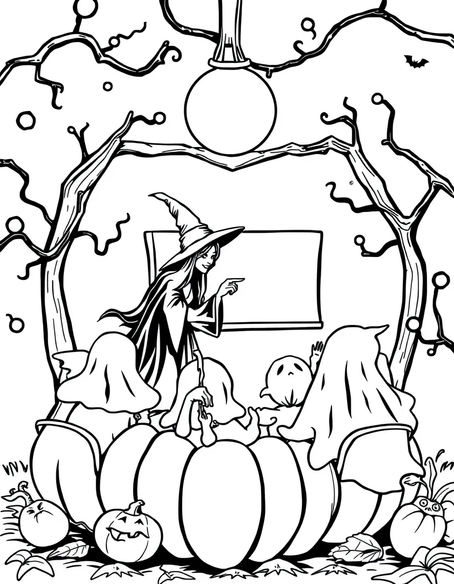 A witch teaching a class of ghostly students in a pumpkin classroom
