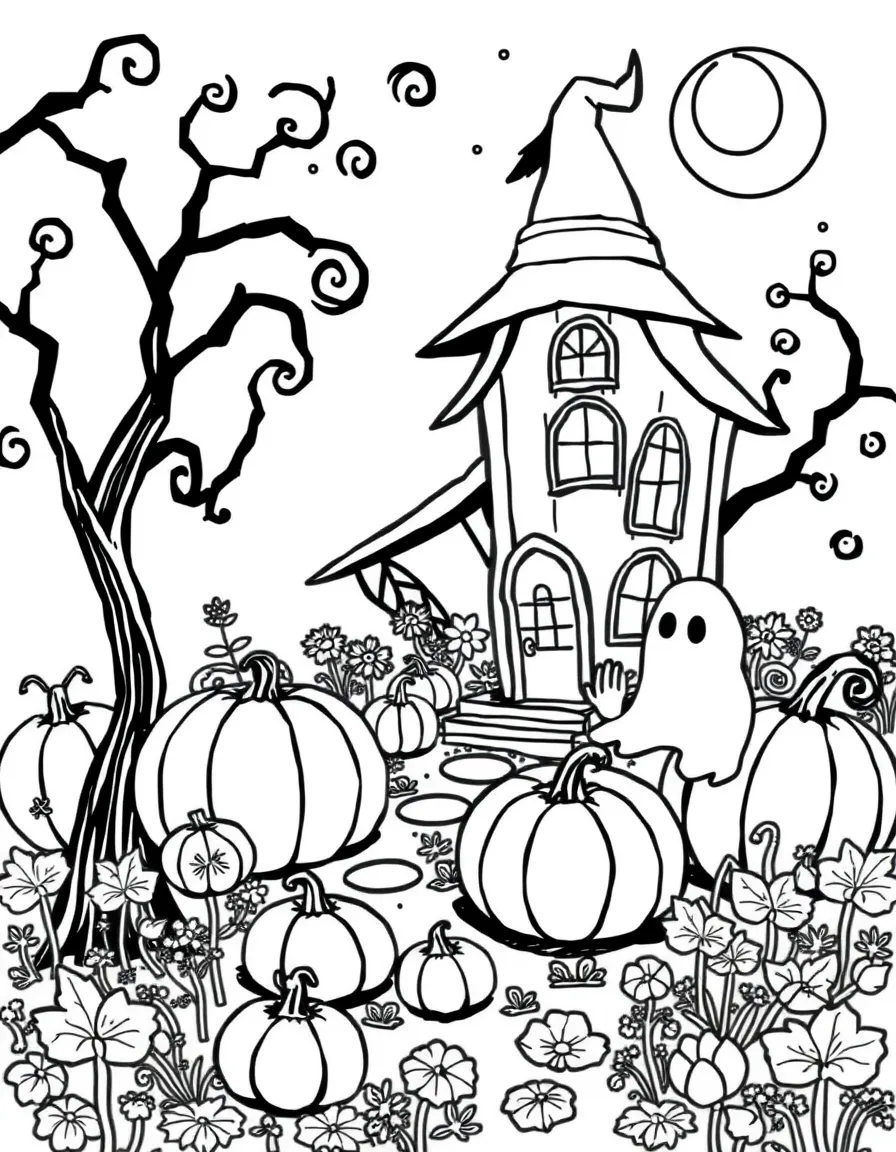 A witch's garden with pumpkins that house tiny ghost families