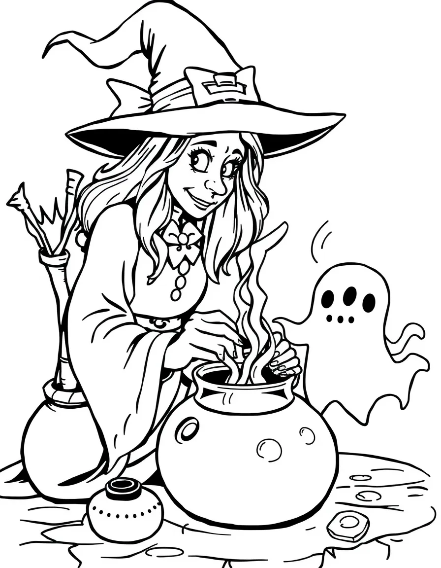 A witch brewing a potion that summons friendly ghosts