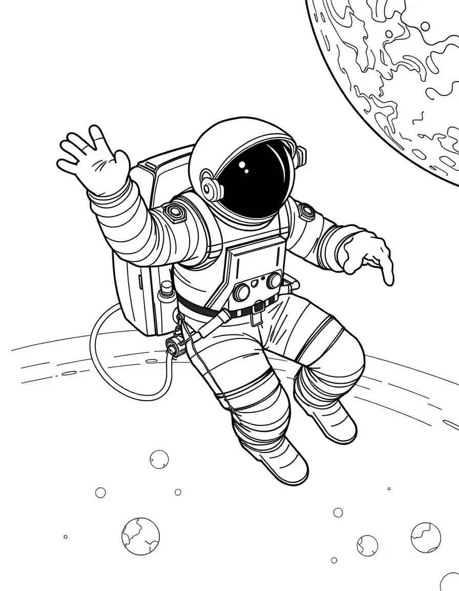 An astronaut floating in space with Earth visible in the background, conducting a spacewalk with tools