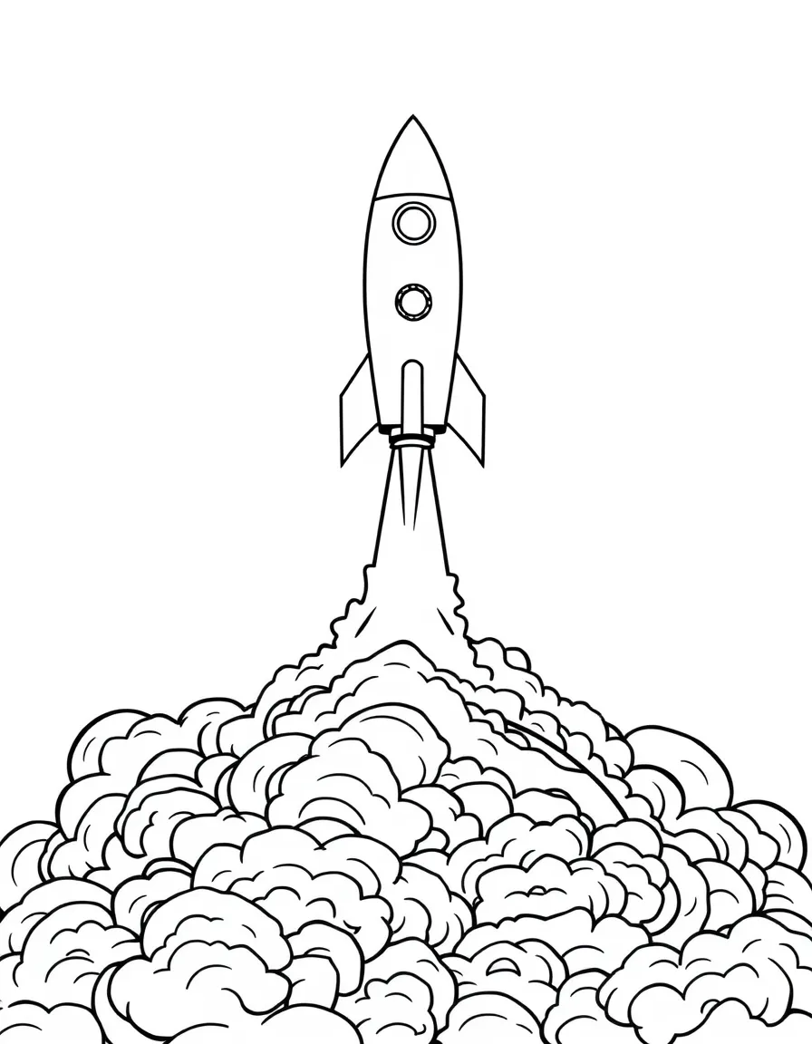 A rocket launching from Earth with billowing clouds of smoke beneath it