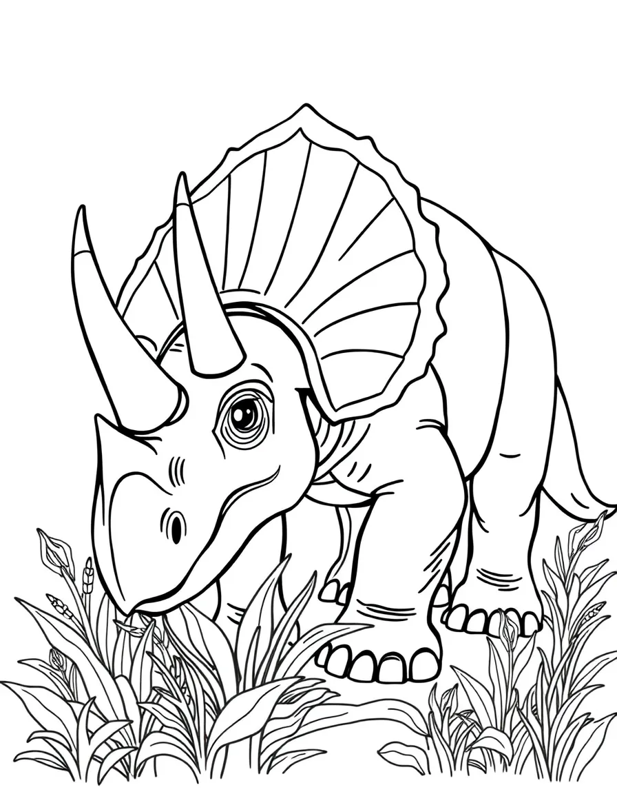 A Triceratops with its three horns and neck frill grazing on plants