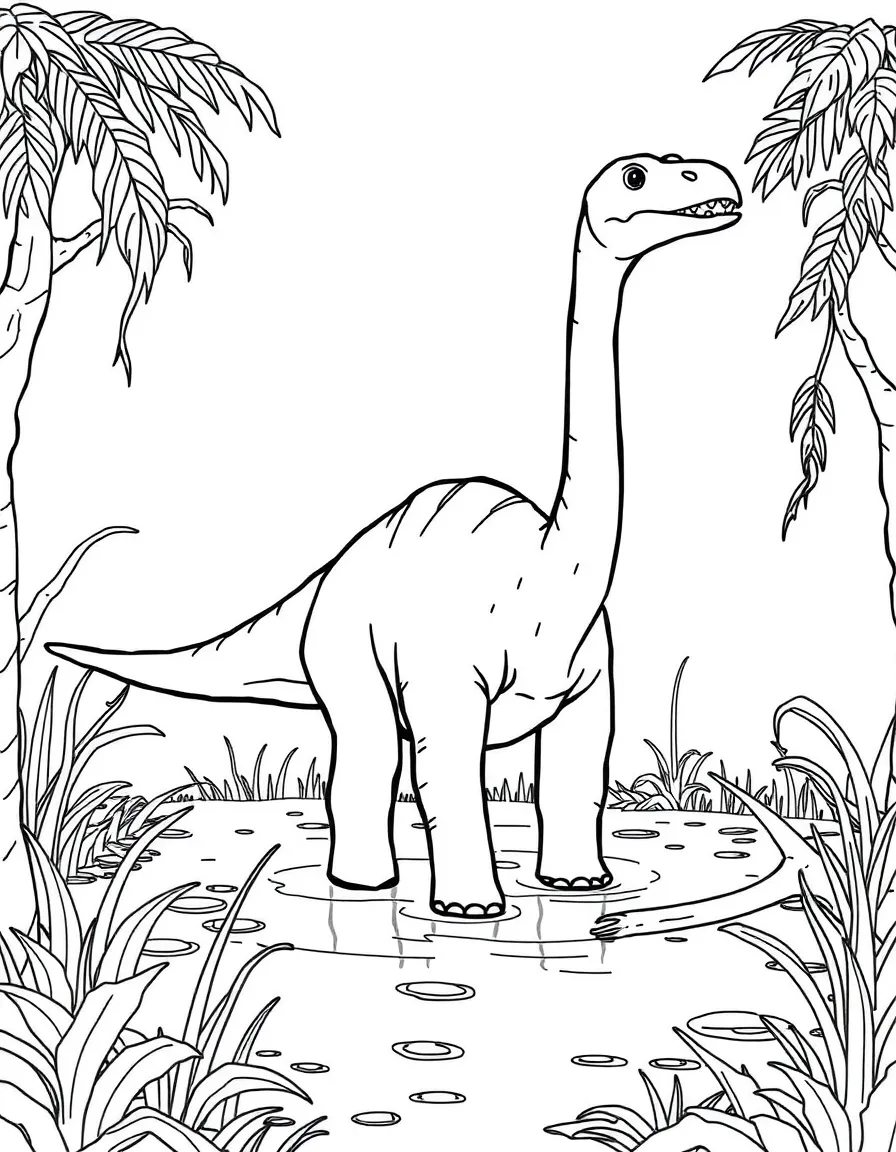 A Diplodocus with its extremely long neck and tail in a swampy environment