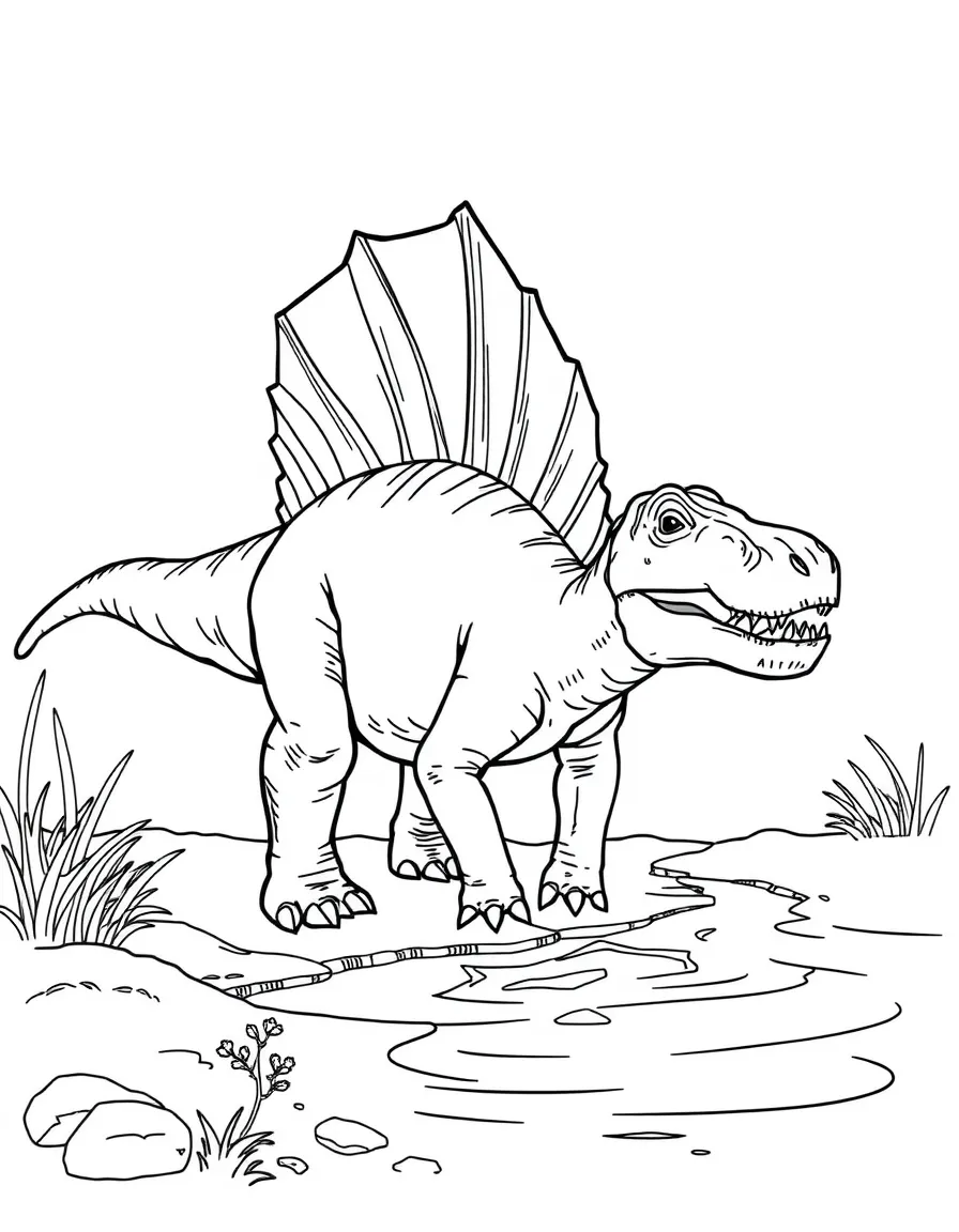 A Spinosaurus with its sail-like back and crocodile-like snout near water