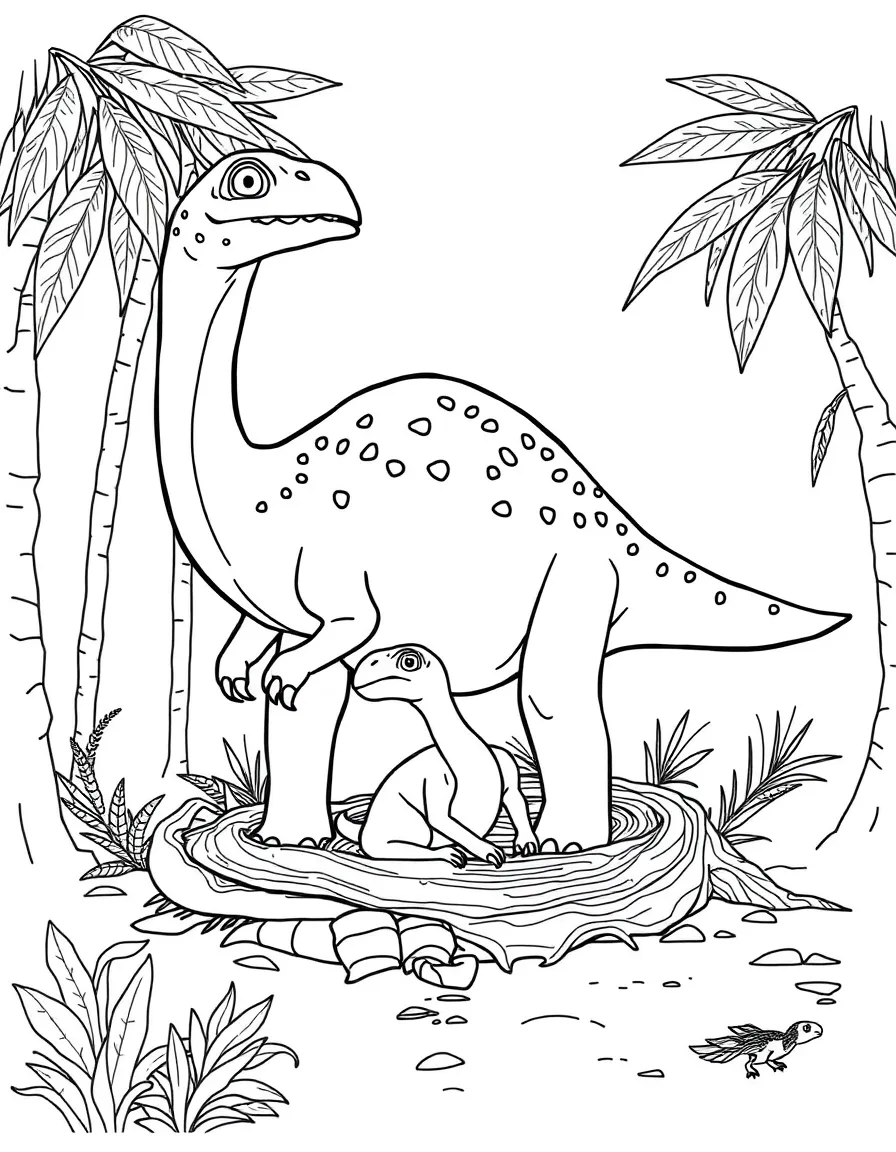 A Maiasaura with its nesting behaviors and baby dinosaurs