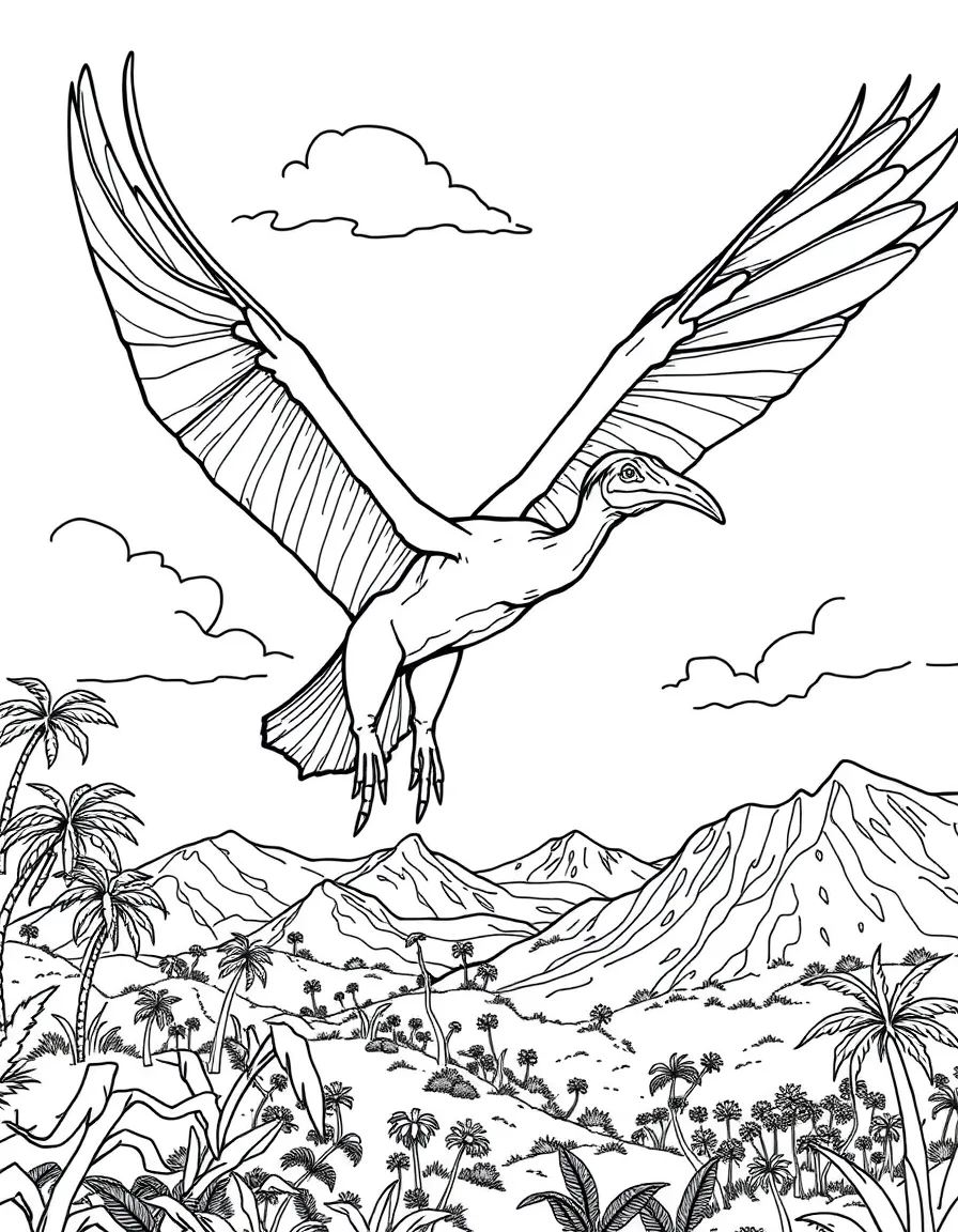 A Quetzalcoatlus (largest flying reptile) soaring over a prehistoric landscape