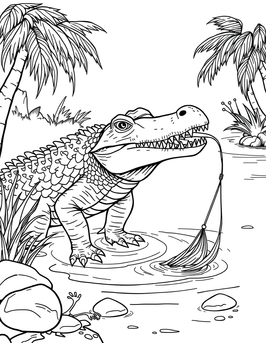 A Baryonyx with its crocodile-like snout fishing in a river