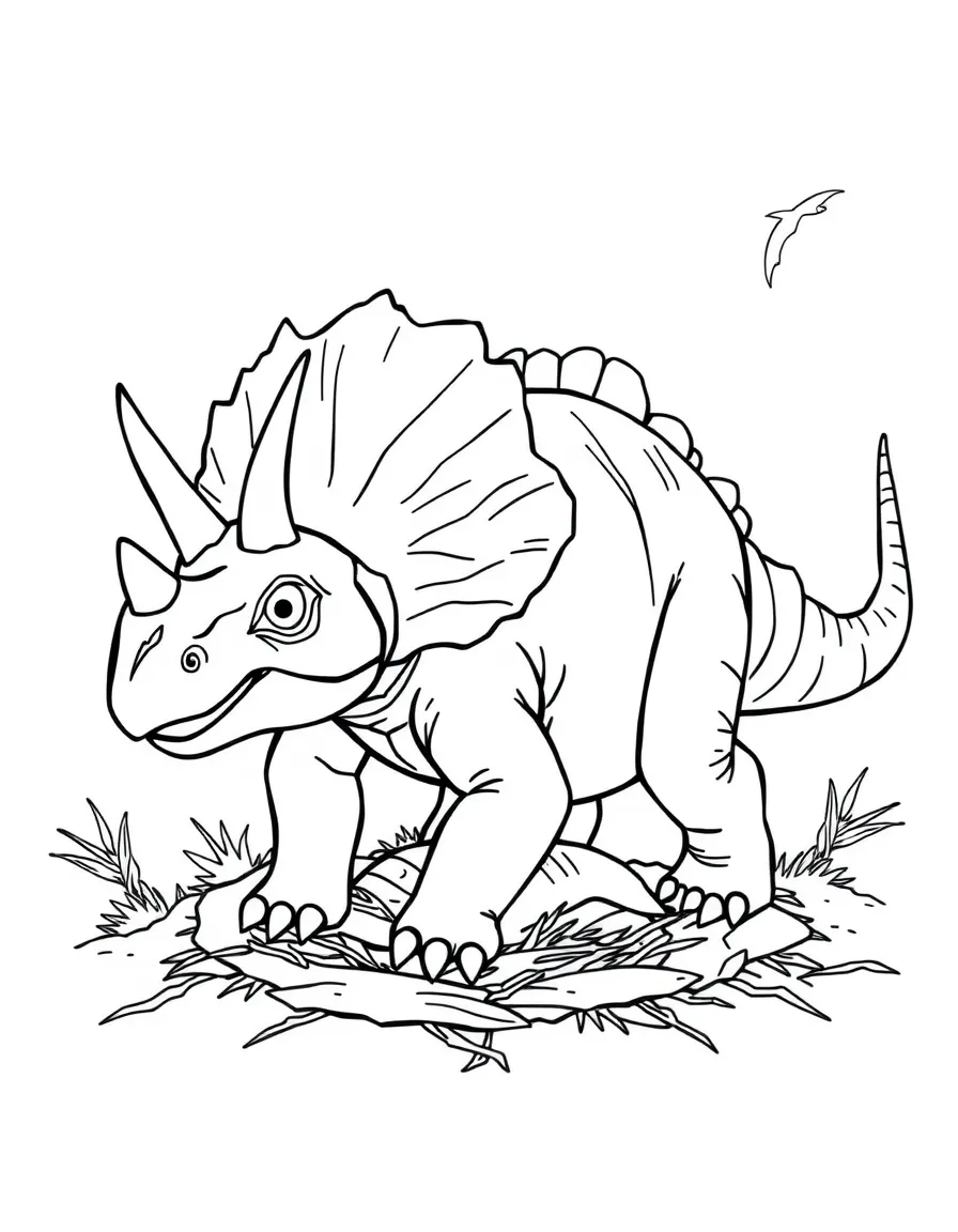 A Protoceratops with its small frill and beaked mouth protecting its nest