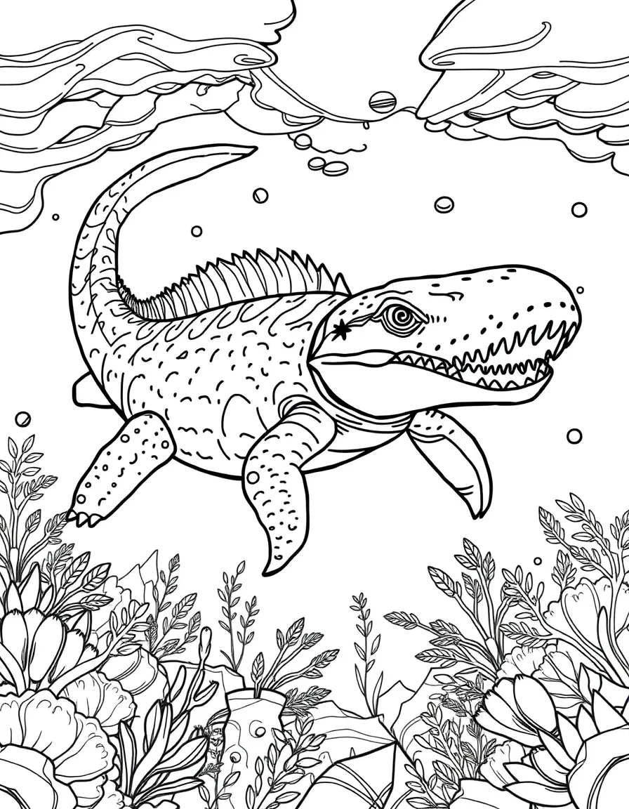 A Mosasaurus (marine reptile) swimming in prehistoric oceans