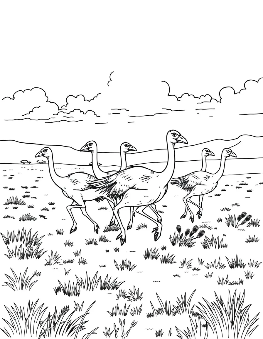 A Gallimimus flock running across an open plain