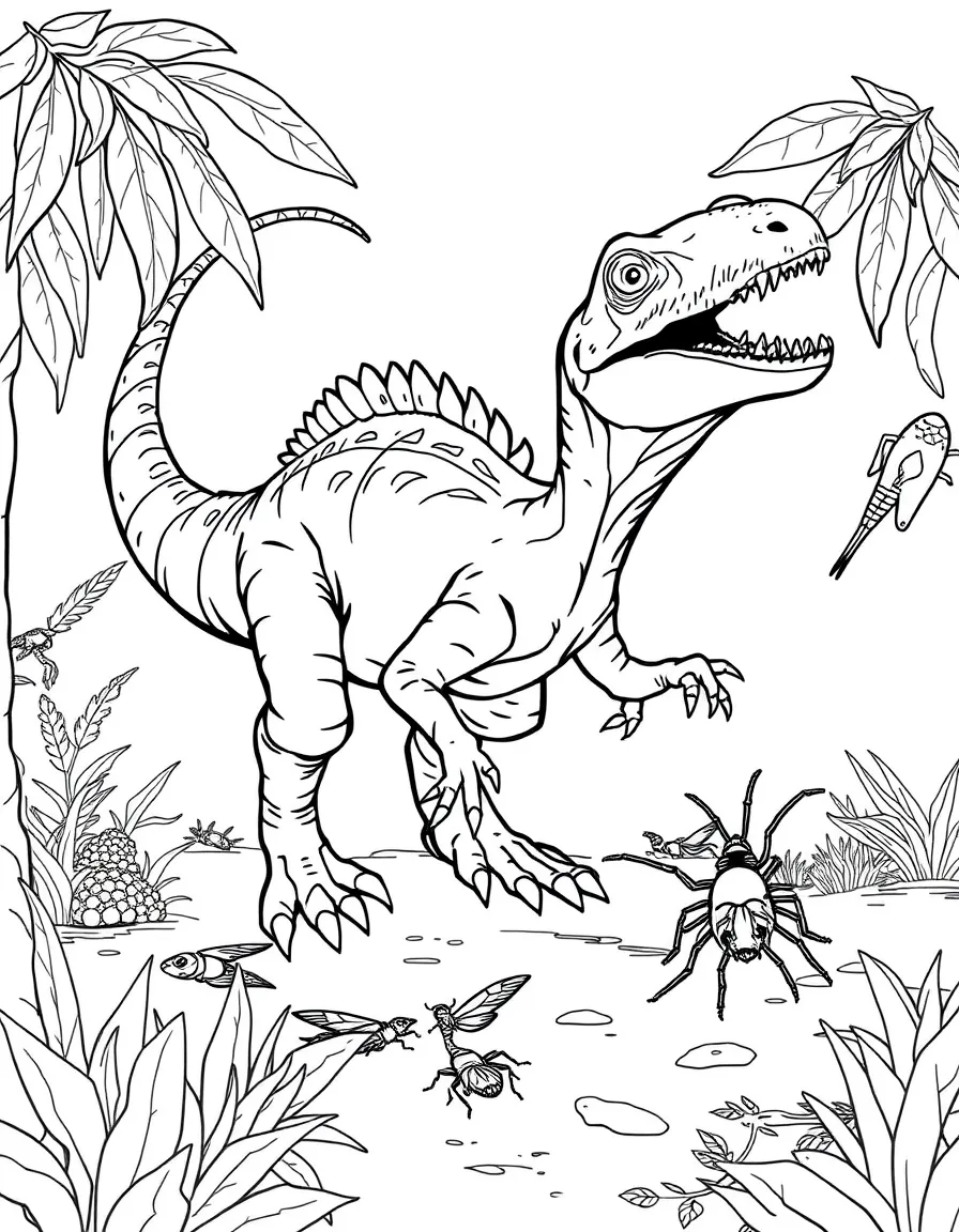 A Compsognathus, one of the smallest dinosaurs, hunting insects