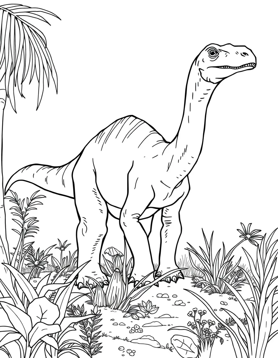 A Plateosaurus, an early long-necked dinosaur, browsing on vegetation
