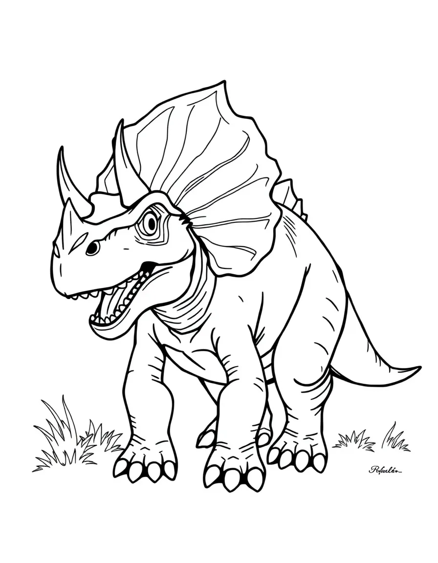 A Chasmosaurus with its large frill and horns in a protective stance