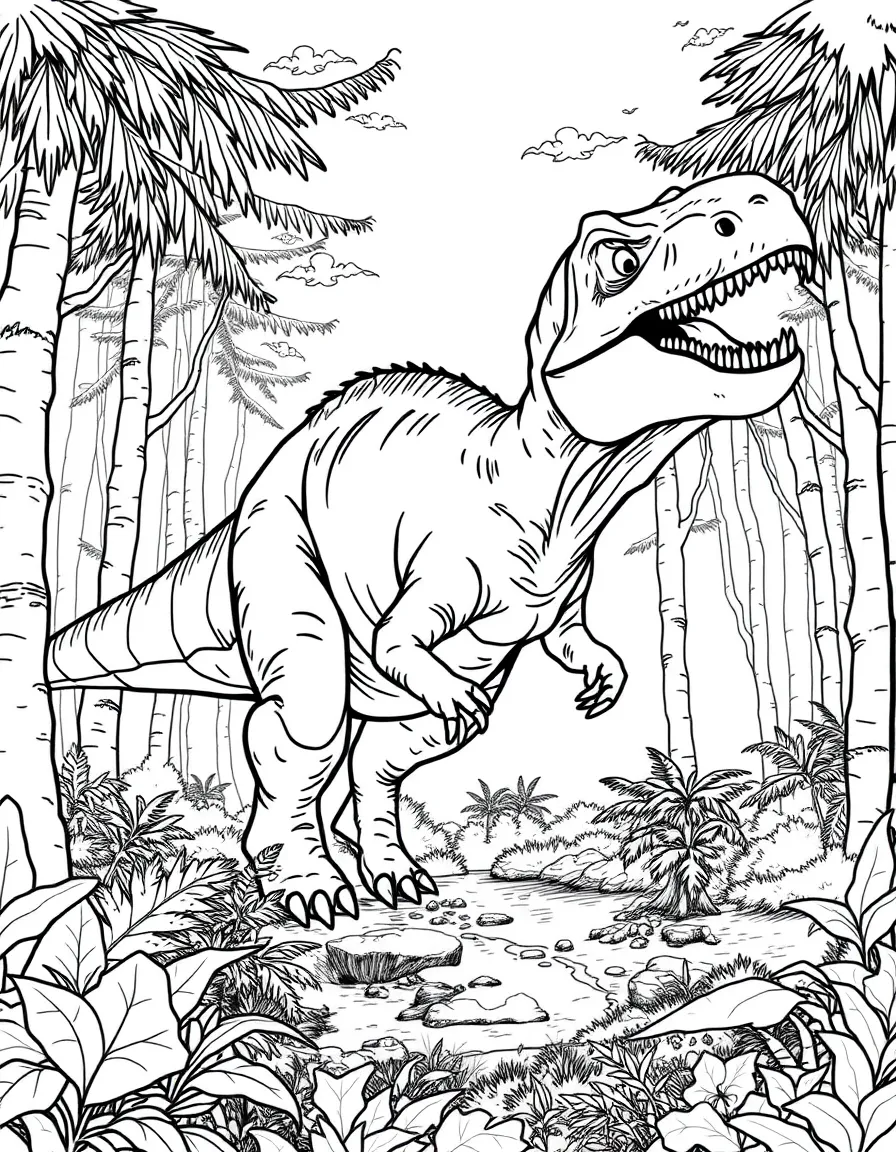 A Tarbosaurus, an Asian tyrannosaur, hunting in a forest