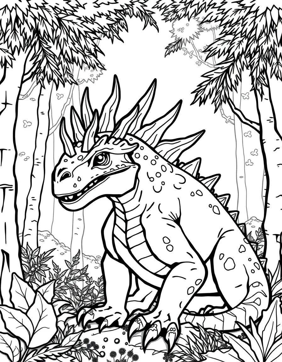 A Dracorex with its spiky head ornamentation in a forest setting