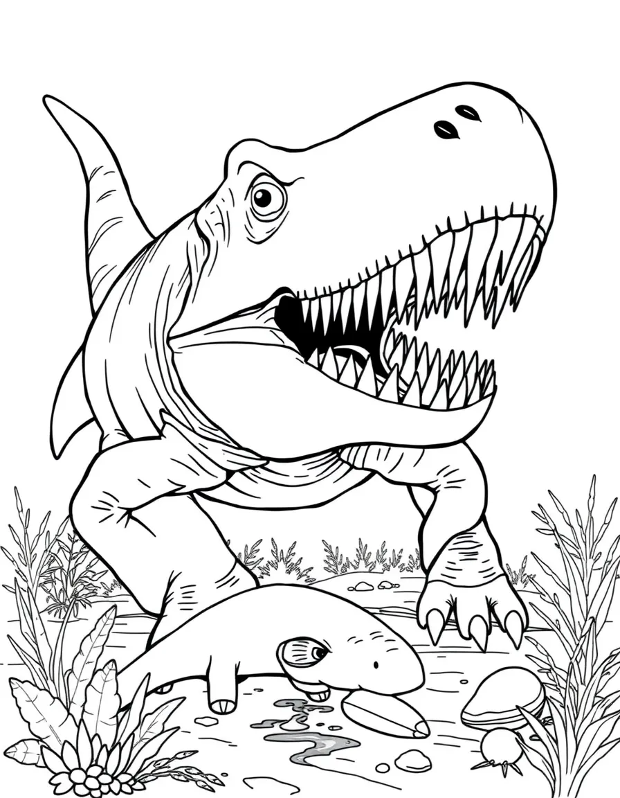 A Carcharodontosaurus with its shark-like teeth hunting prey