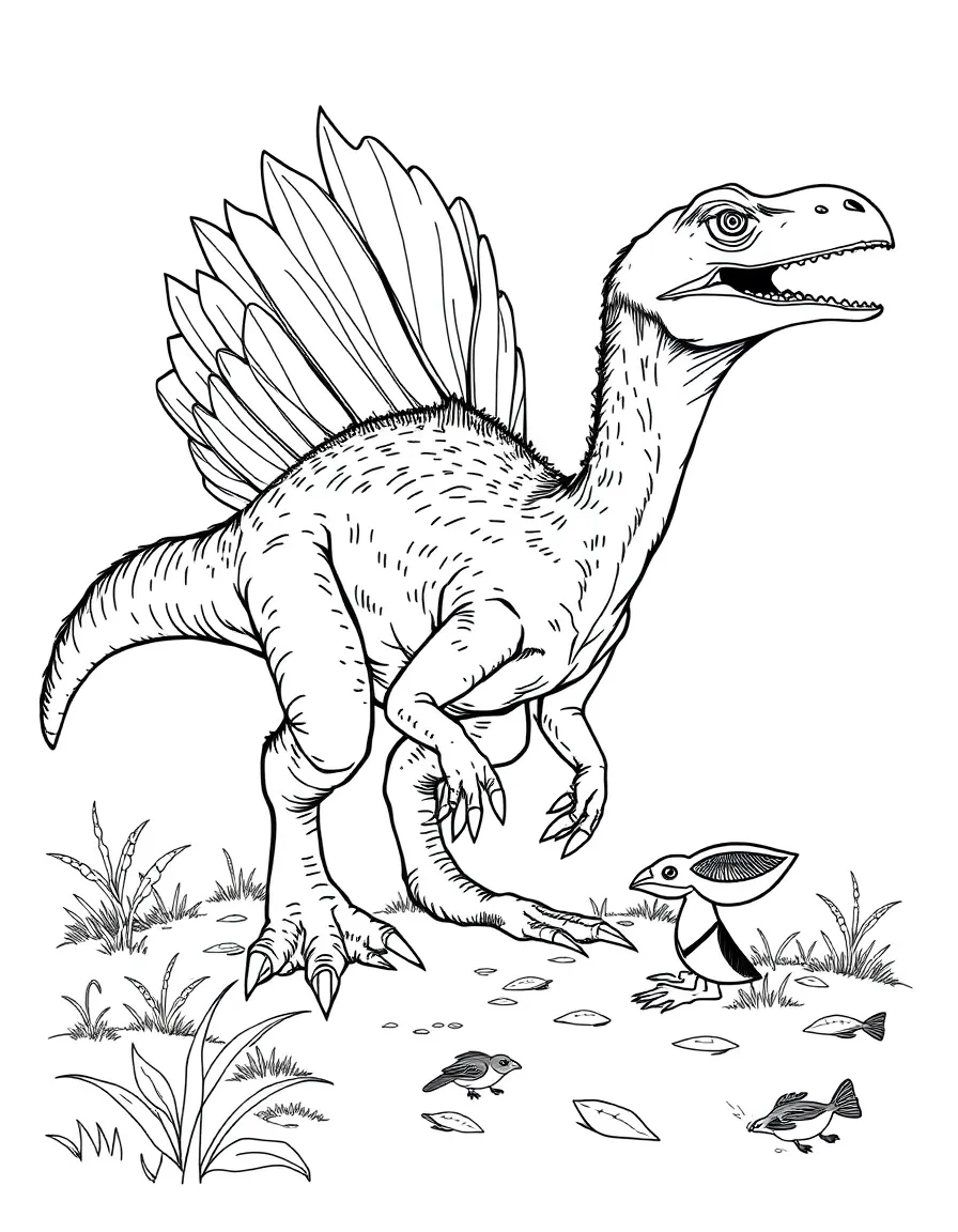 A Sinosauropteryx with its primitive feathers hunting small prey