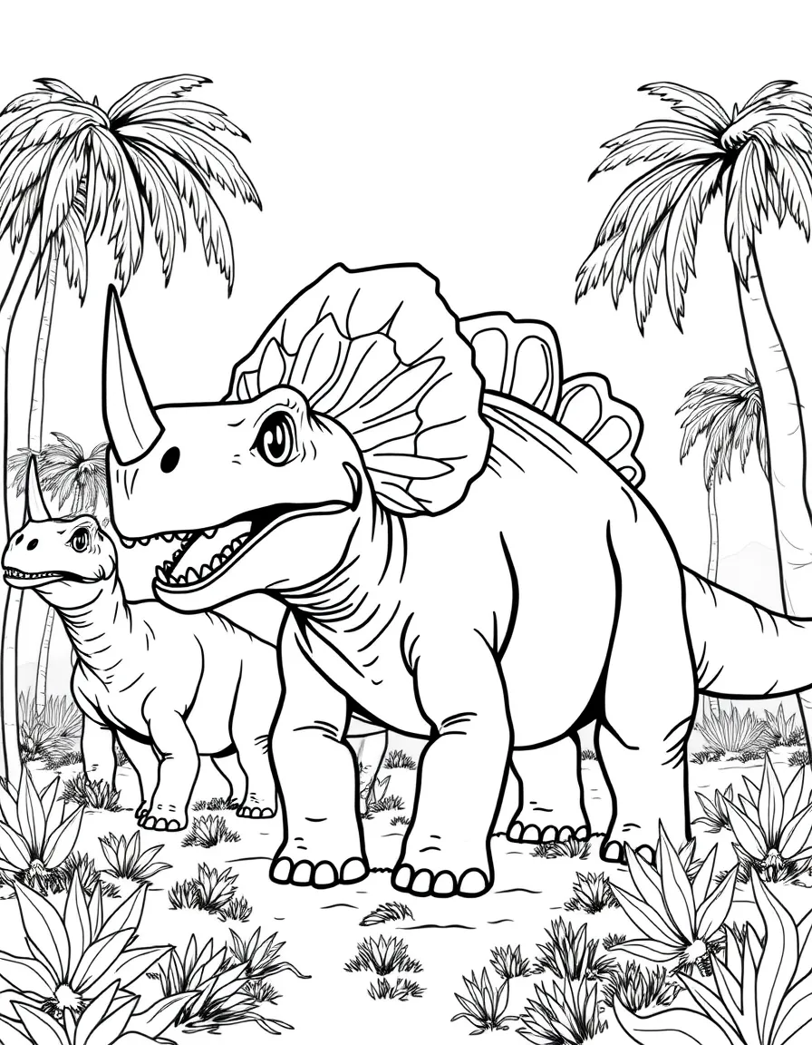 A Centrosaurus with its elaborate frill and nose horn in a herd