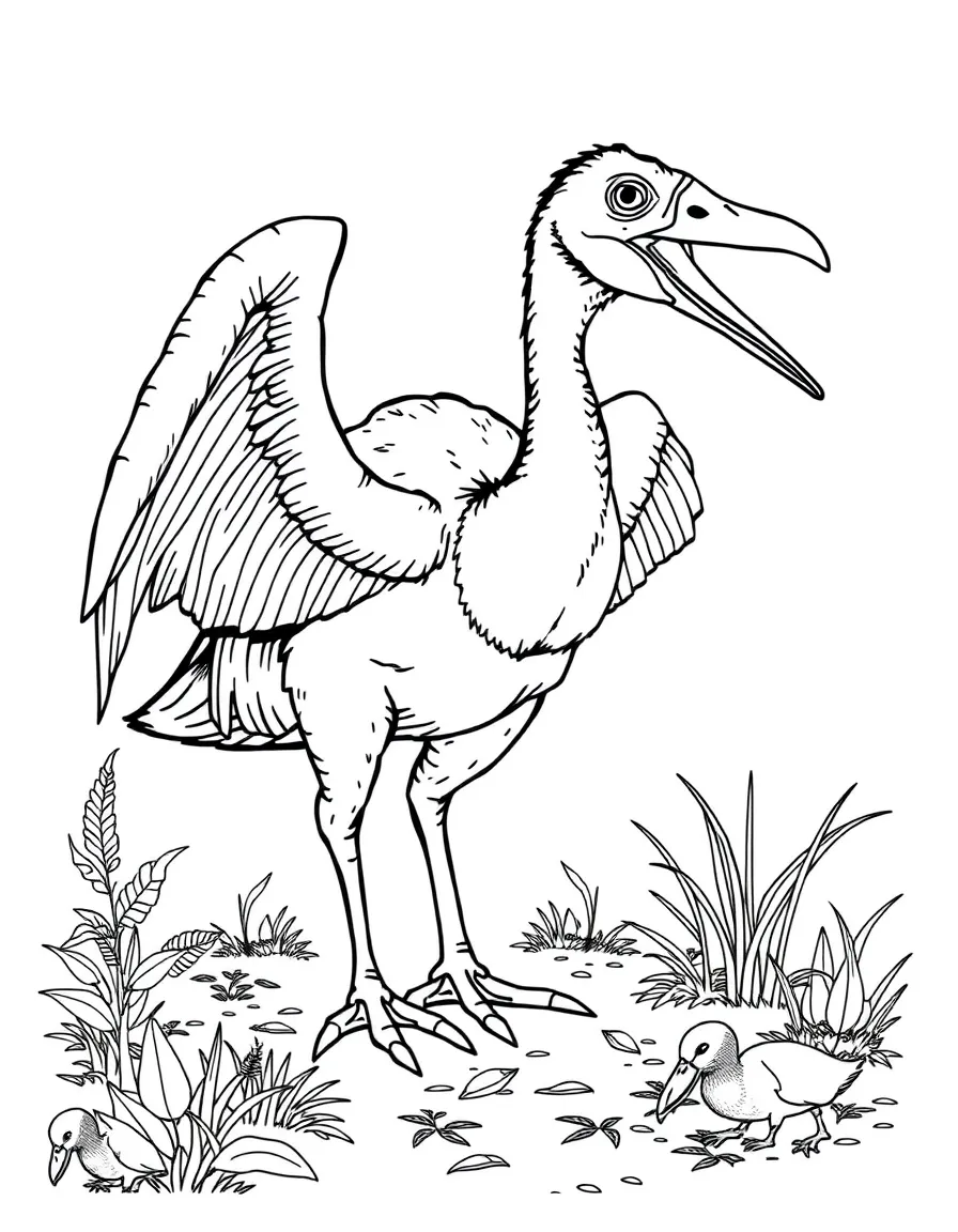 A Deinocheirus with its huge arms and duck-like bill foraging
