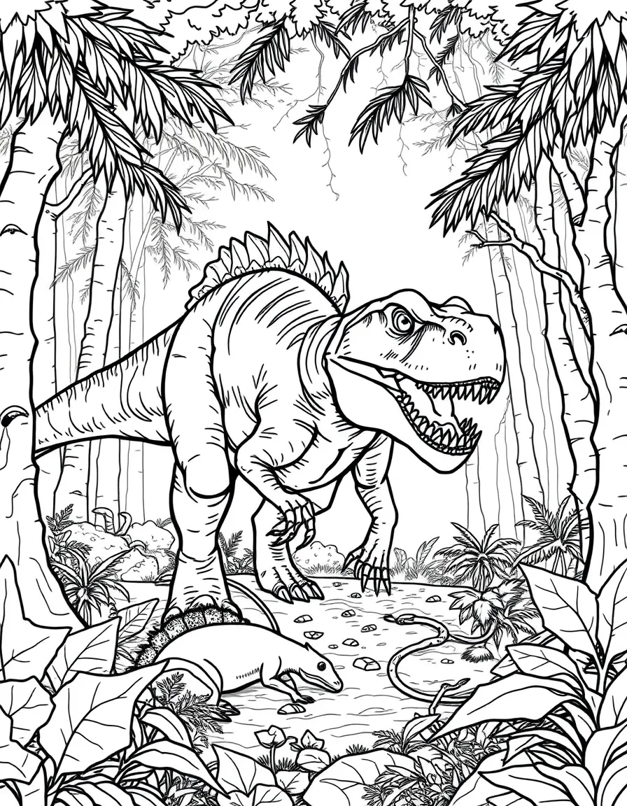 A Yangchuanosaurus, an Asian predator, stalking prey in a forest