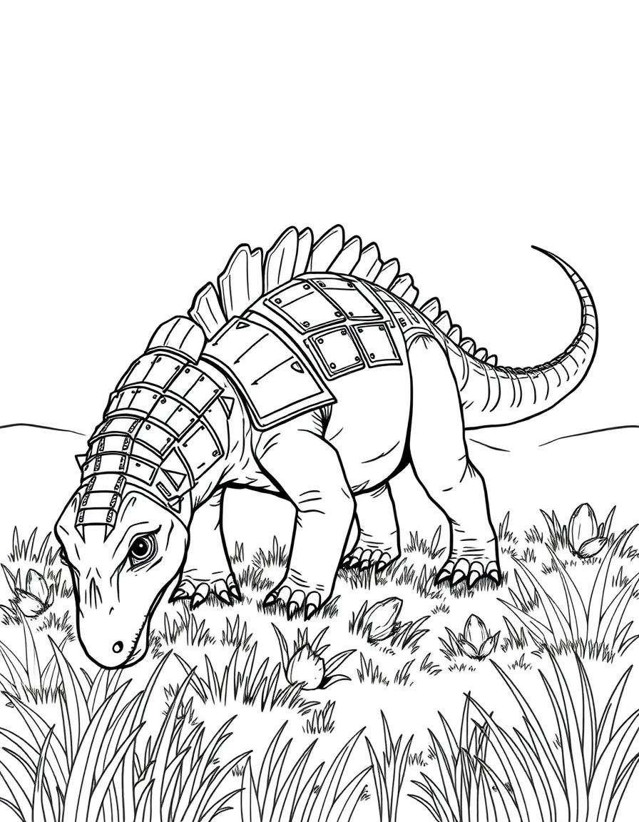 A Saltasaurus with its armored body grazing in a field