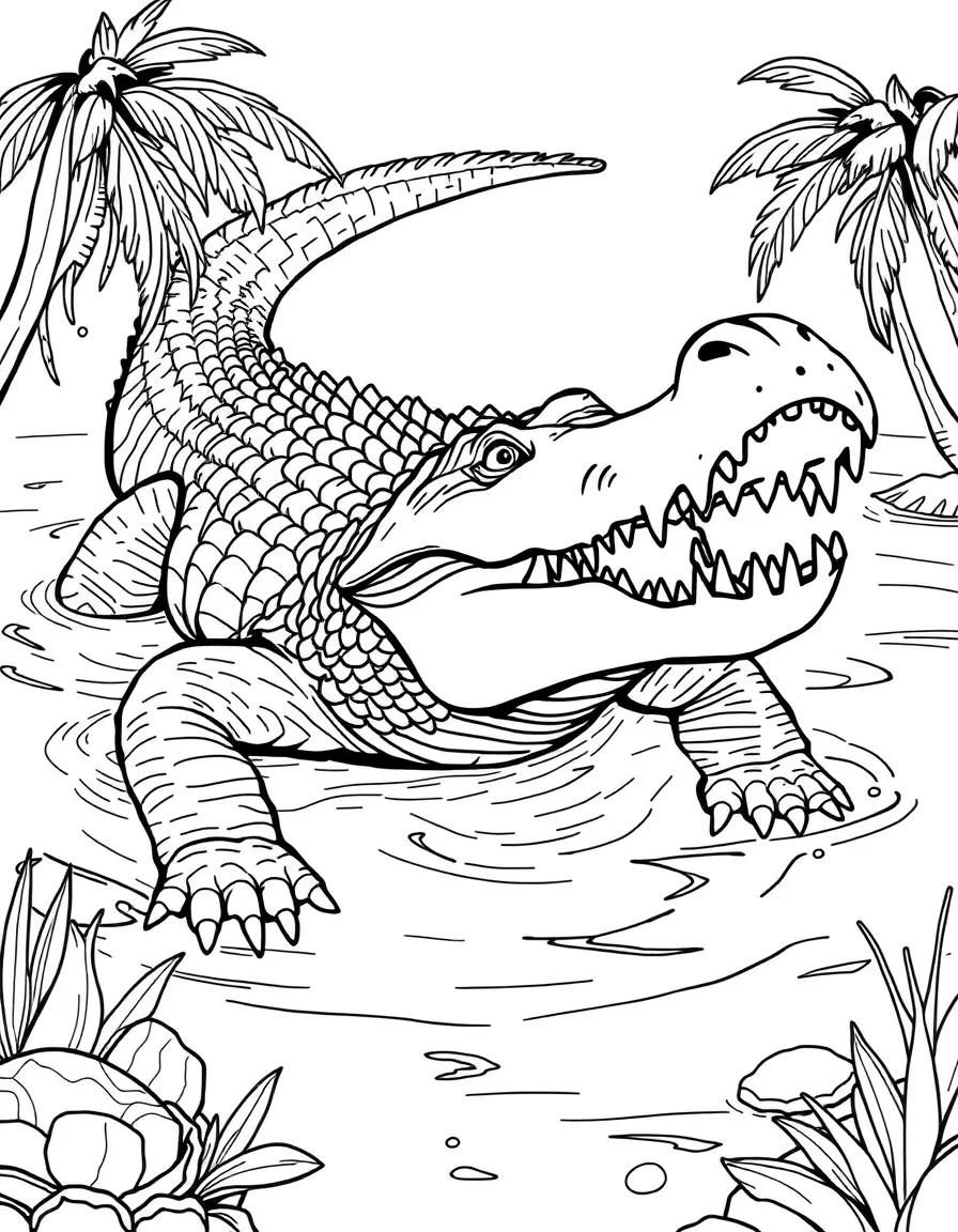 A Deinosuchus (giant crocodilian) lurking in prehistoric waters