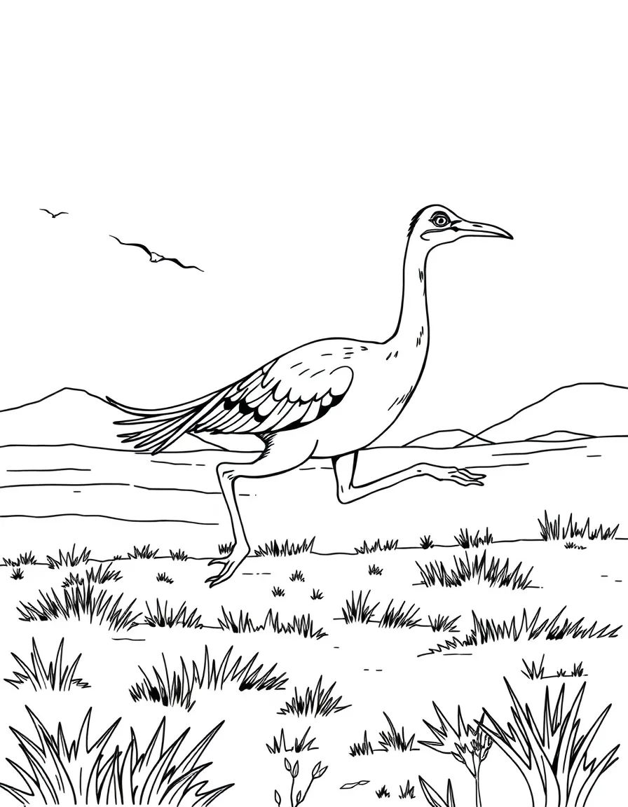 A Ornithomimus running across an open plain