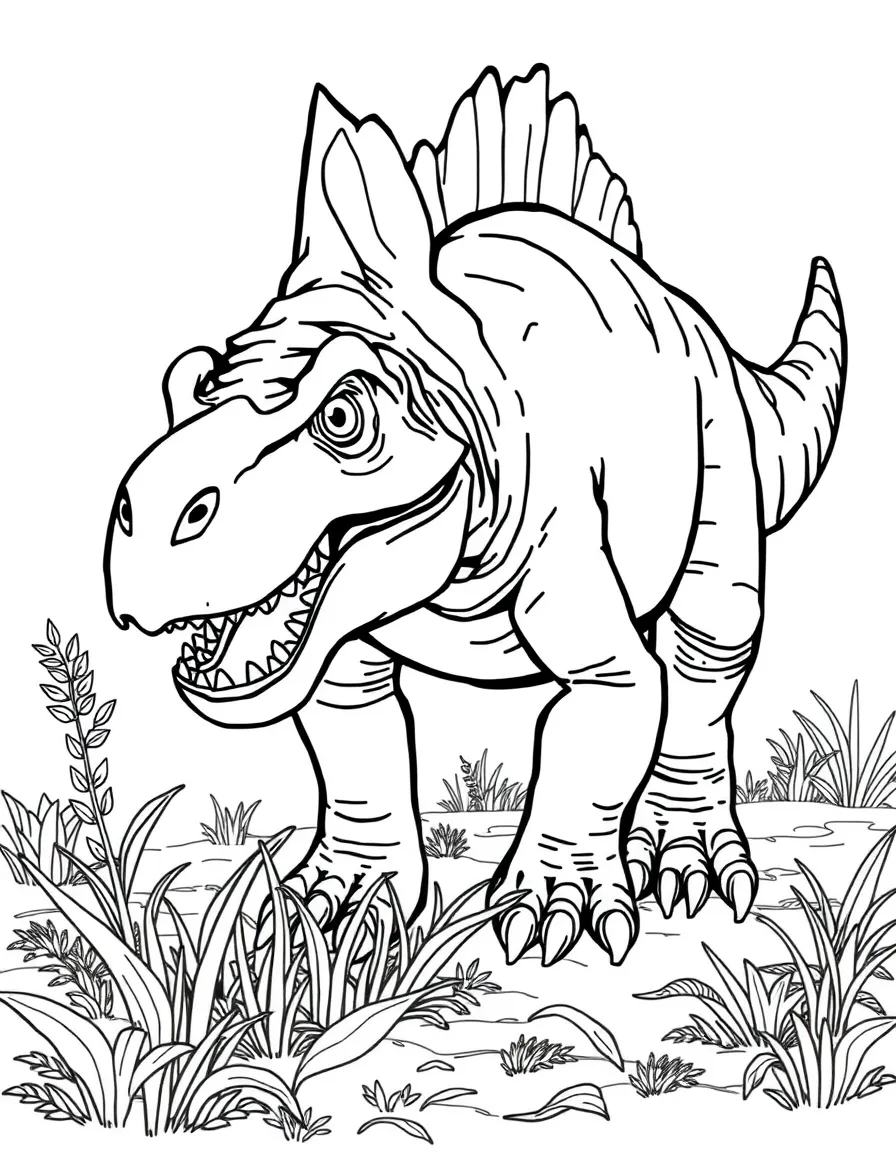 A Nigersaurus with its wide, straight-edged mouth grazing on ground vegetation