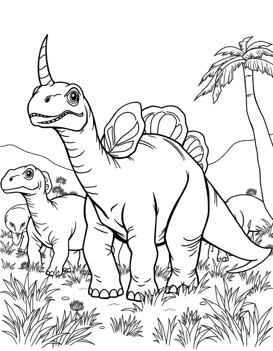 A Einiosaurus with its forward-curving horn in a herd