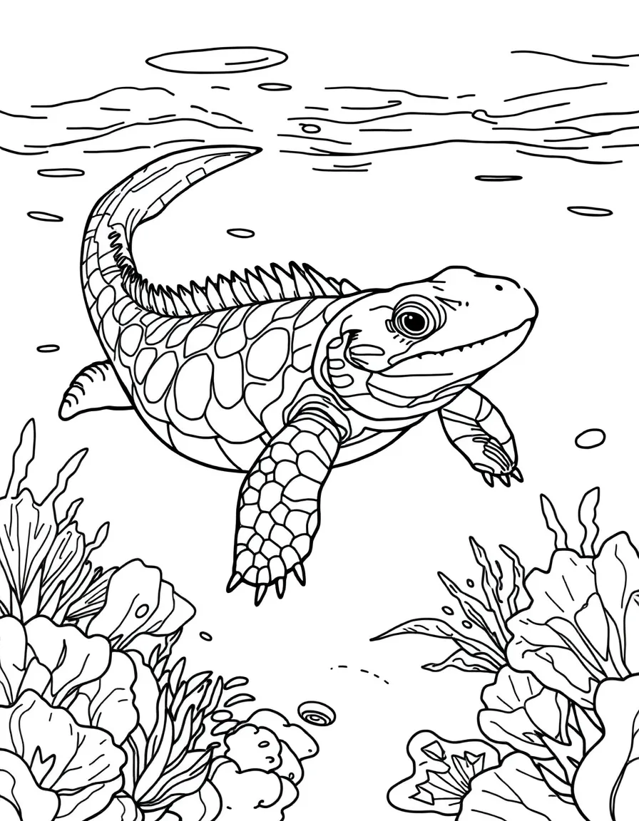 A Henodus (marine reptile) swimming in shallow waters