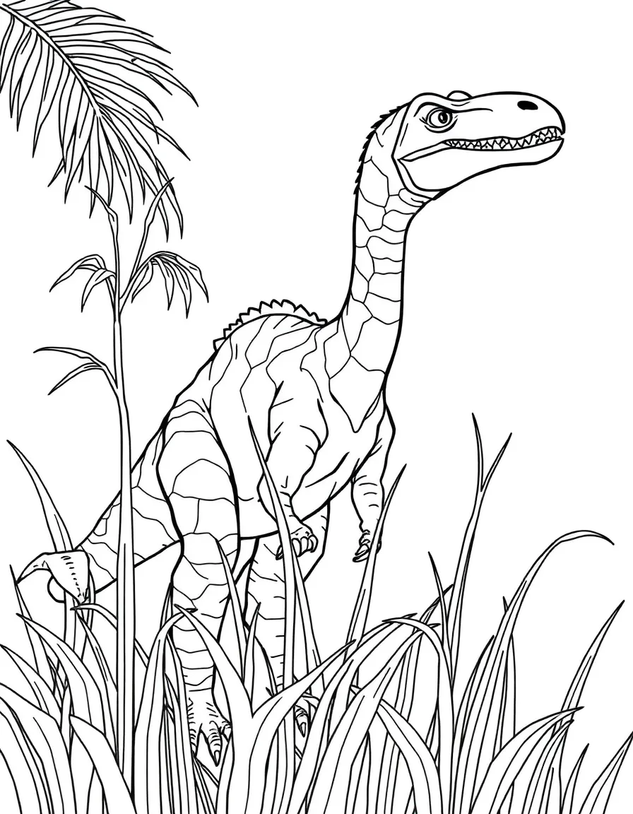 A Omeisaurus with its extremely long neck browsing on tall vegetation