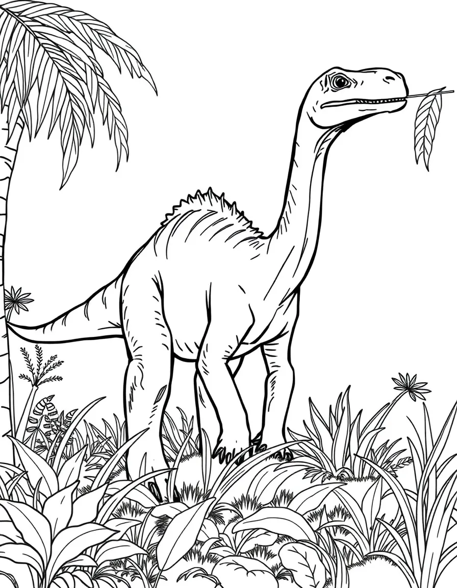 A Quaesitosaurus with its long neck browsing on mid-level vegetation