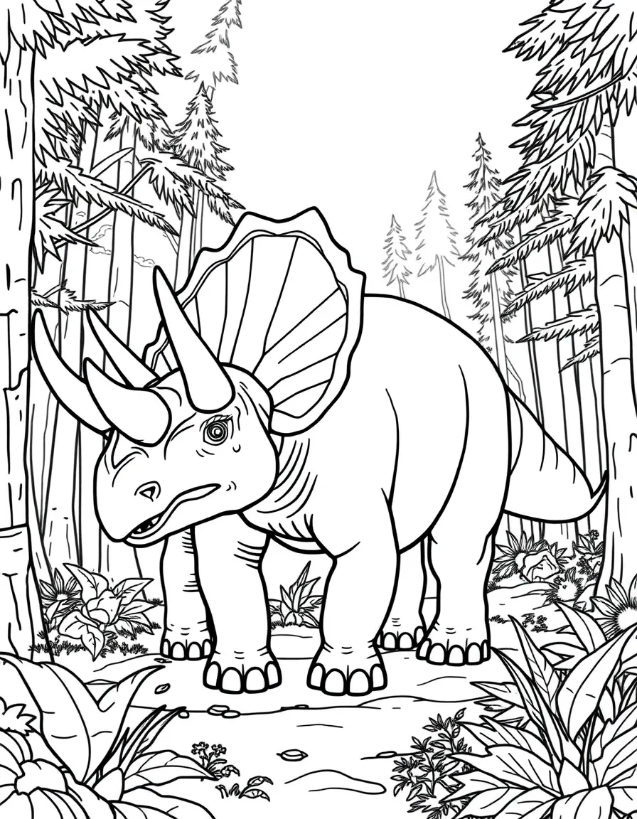 A Eotriceratops with its large frill and horns in a forested setting