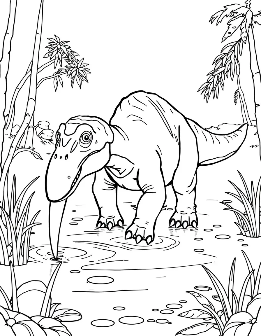 A Hadrosaurus in a swampy environment with its duck-like bill feeding