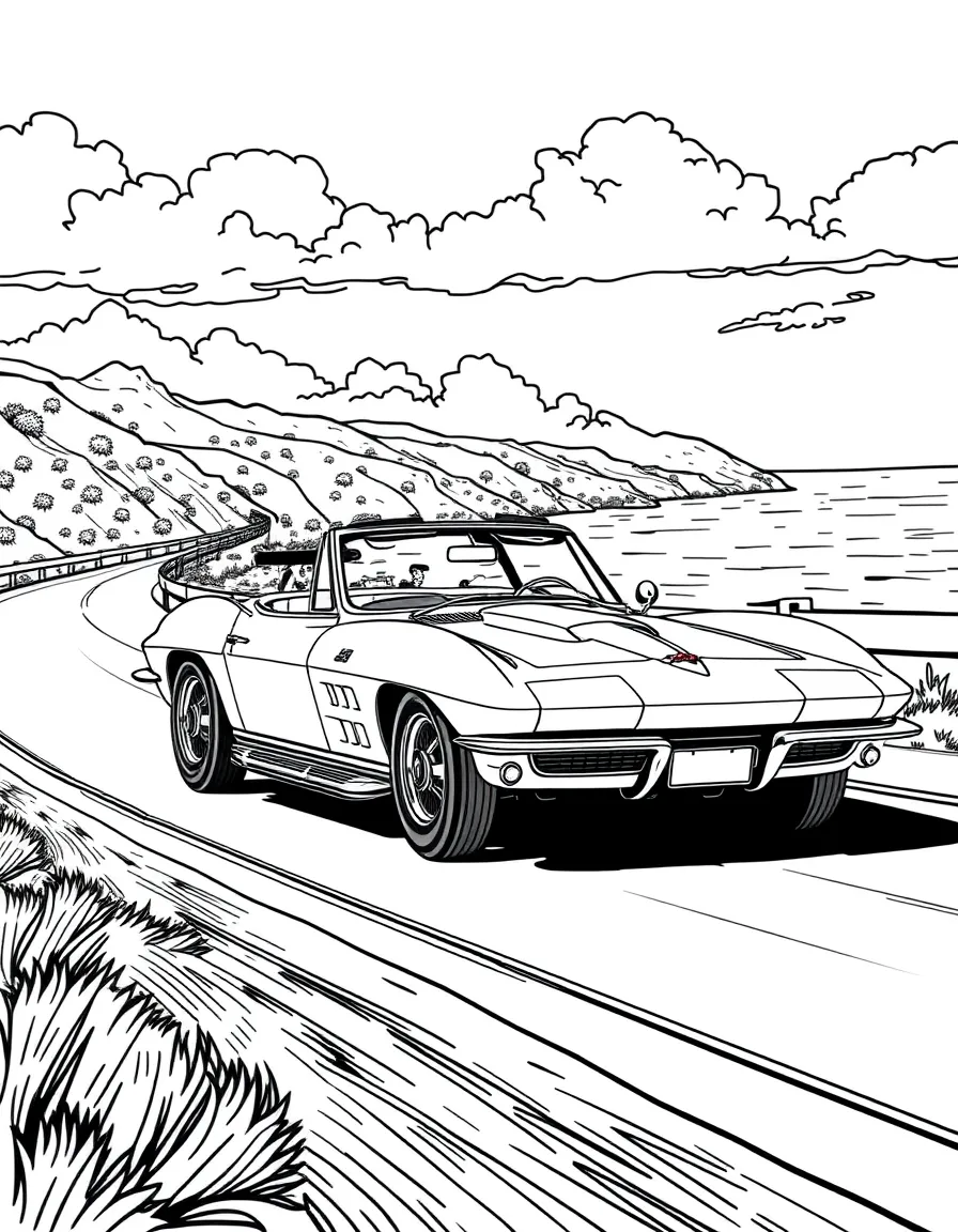 A 1963 Corvette Stingray racing along a coastal highway