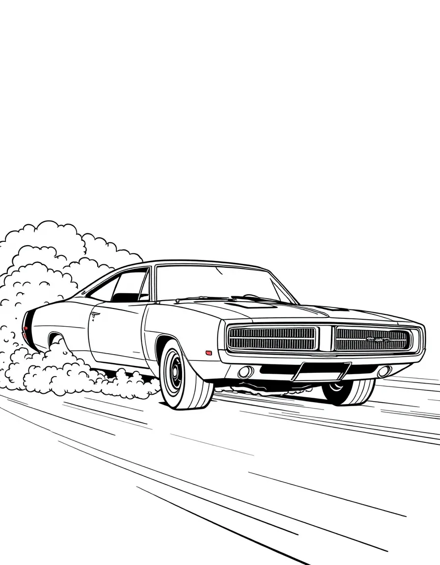 A 1970 Dodge Charger performing a burnout with smoke around the tires