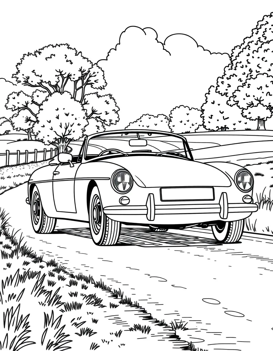 A classic MG Roadster with the top down on a country road