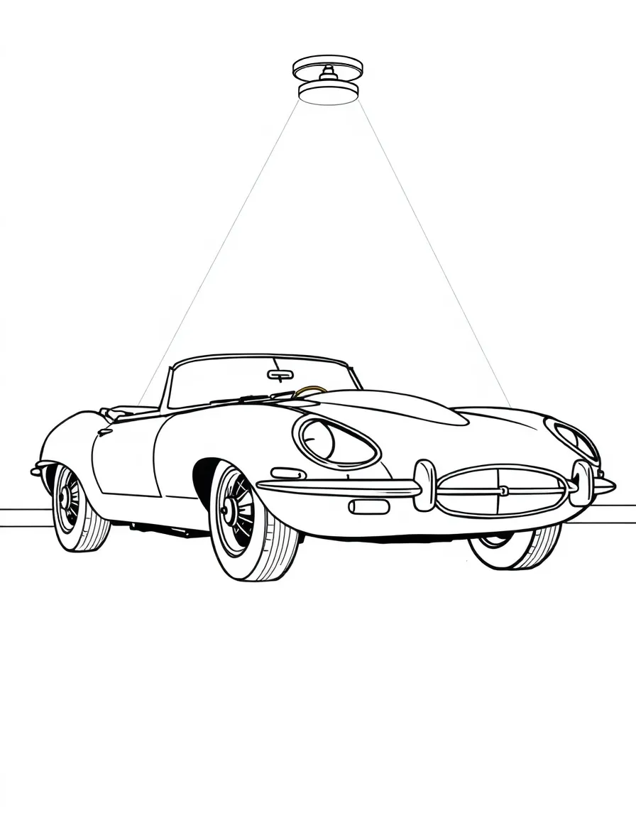 A classic Jaguar E-Type under a spotlight in a showroom