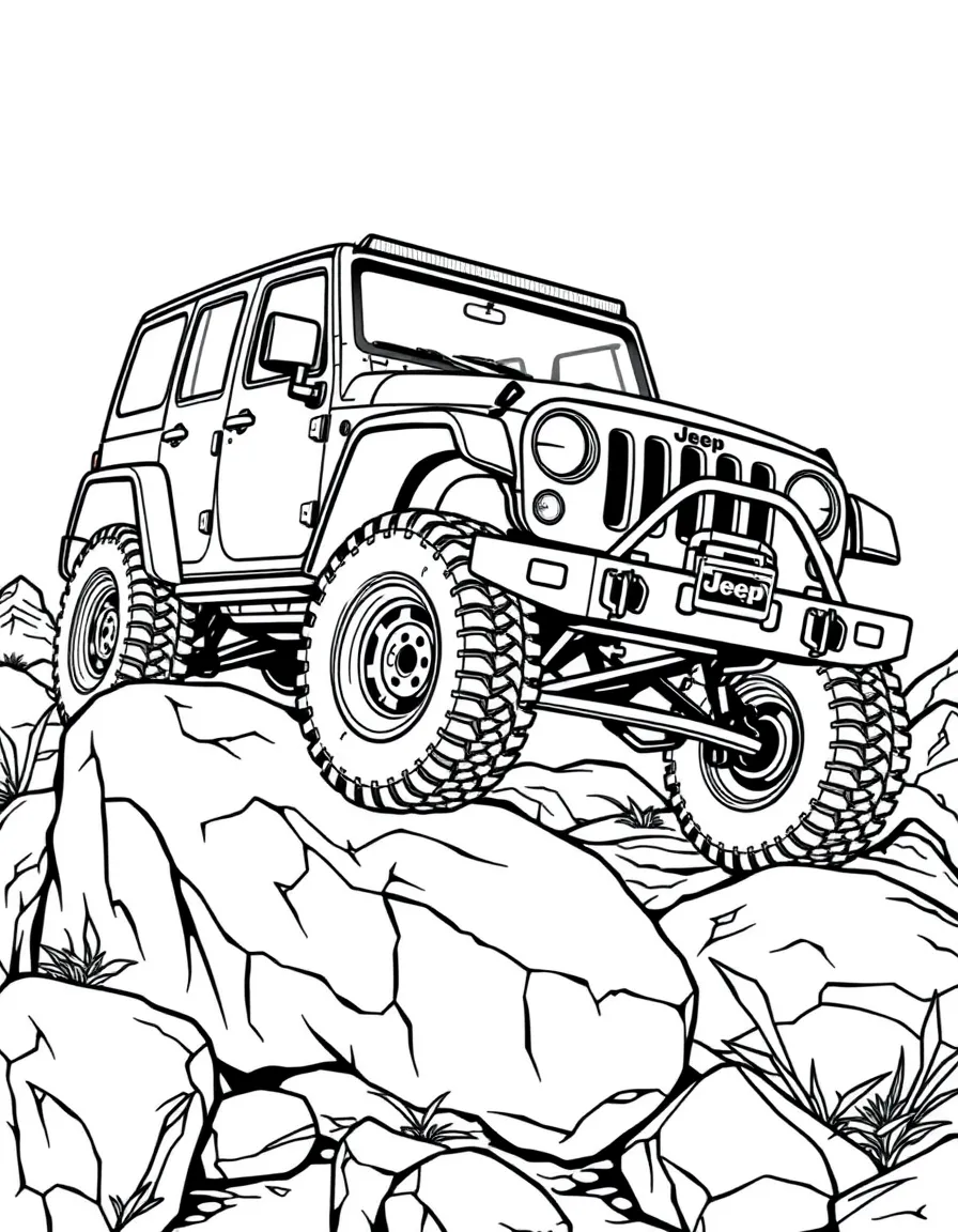 A lifted Jeep Wrangler climbing over large boulders