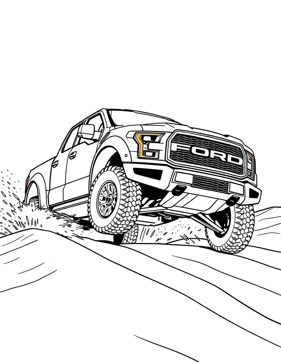 A Ford F-150 Raptor jumping over desert dunes