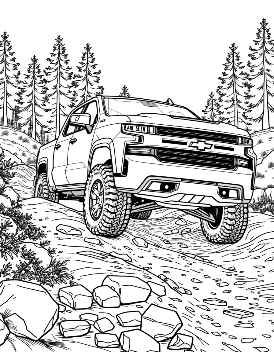 A Chevrolet Silverado ZR2 crossing a deeply rutted trail