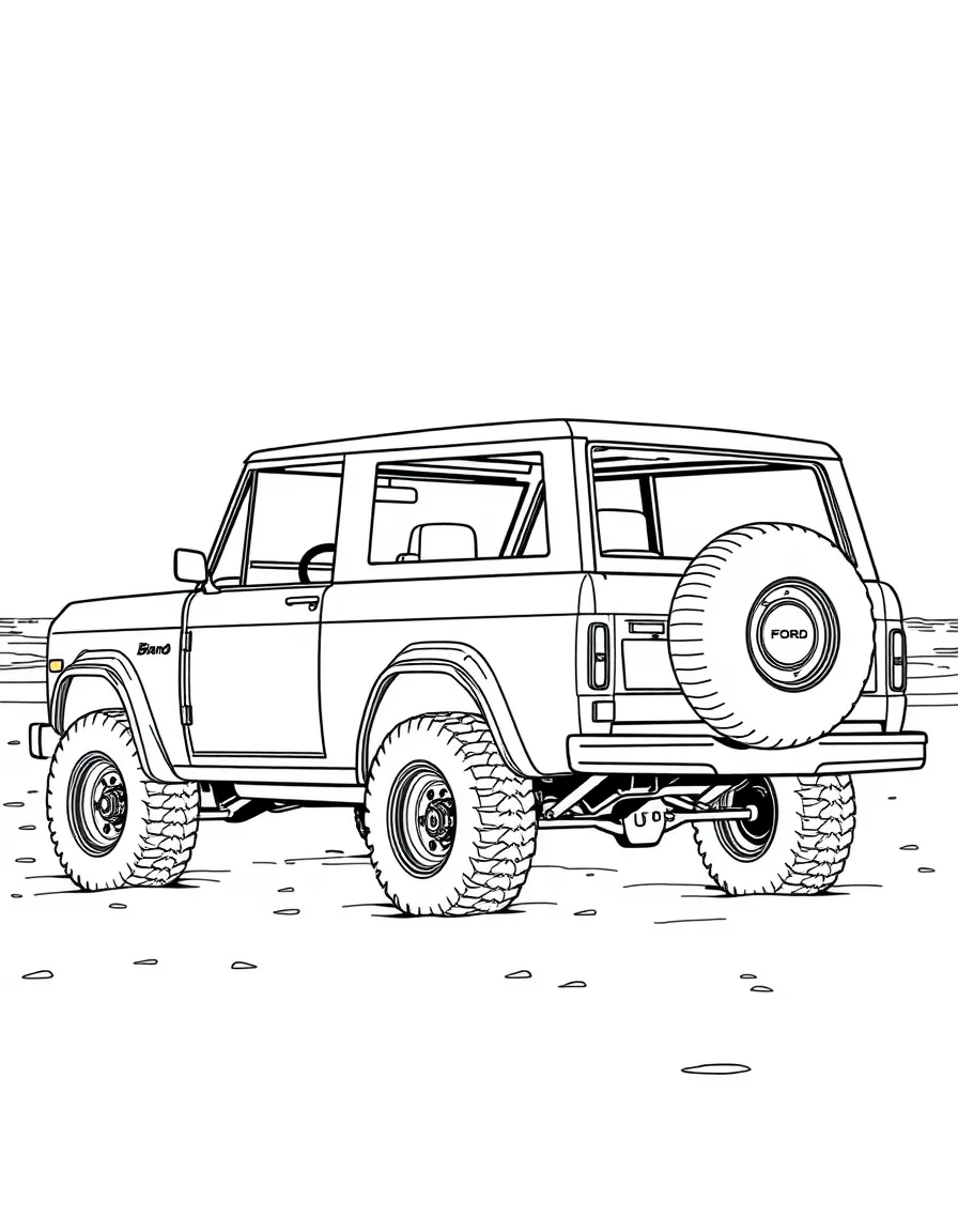 A Ford Bronco with doors and roof removed on a beach