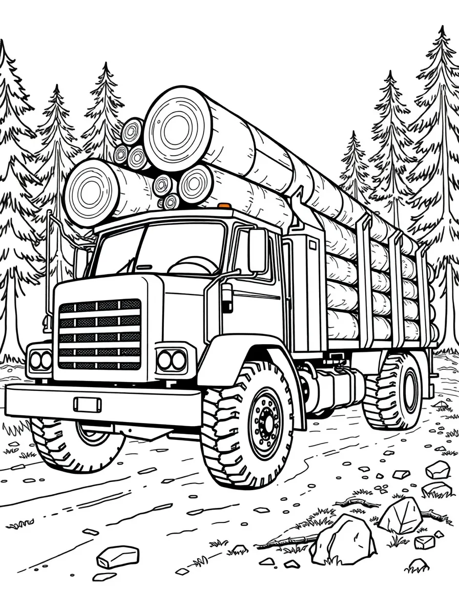 A detailed logging truck with massive tree trunks loaded