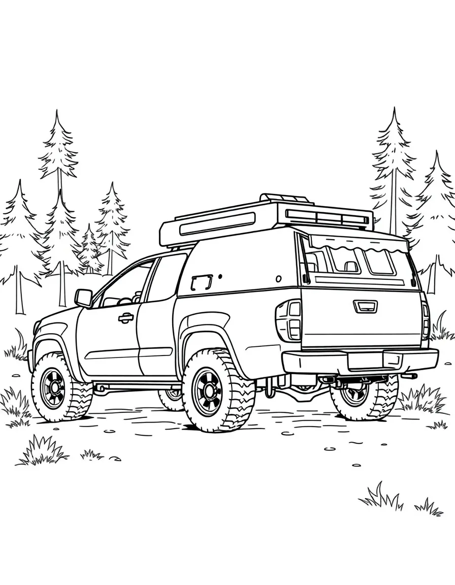 A pickup truck with camper shell and detailed camping setup