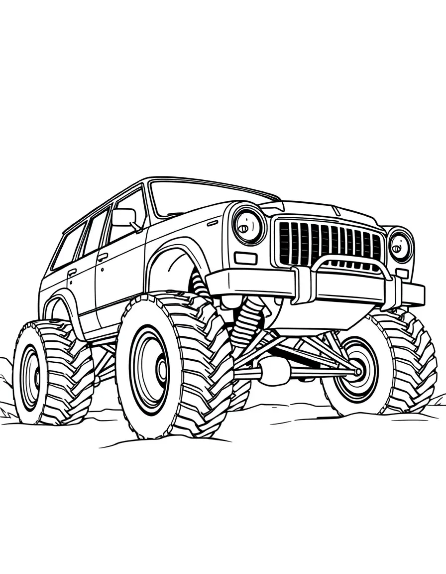 A donk-style car with extremely large wheels and raised suspension