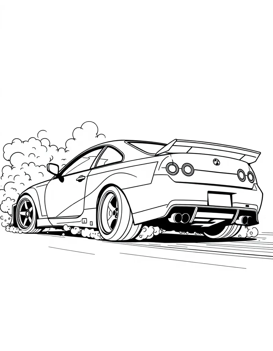 A drift car mid-slide with smoke billowing from tires